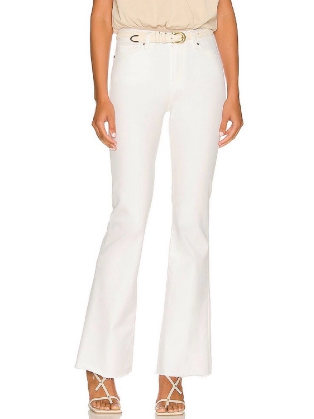 Revolve Paige High Rise Laurel Canyon in Crisp White Raw Hem Flare Jeans- 33